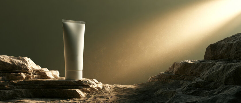 Minimal skincare tube displayed on rugged stone podium with dramatic golden sunlight