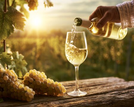 White wine pouring into glass beside ripe grapes in sunlit vineyard at golden hour