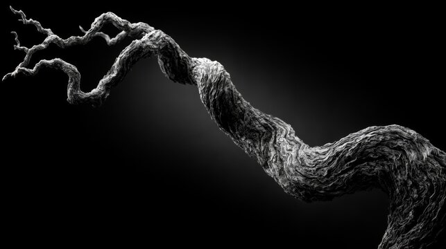 Monochrome twisted dead tree branch with rugged bark texture on dramatic black background