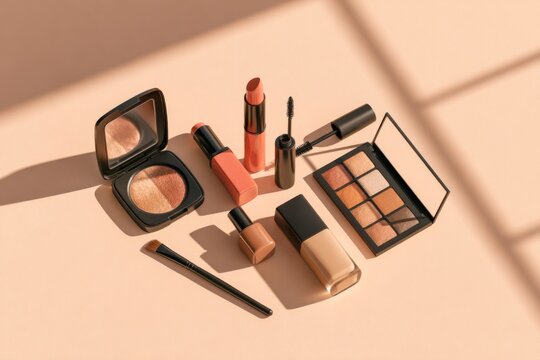 Professional makeup collection with foundation lipstick mascara palette and warm shadows