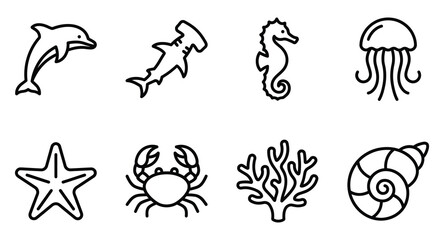 Sea life and marine creature icon collection in line style with seahorse jellyfish starfish seashell underwater wildlife creature illustration © Emon