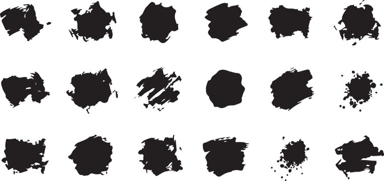 set of diverse black ink brush strokes and smudges forming abstract shapes isolated on transparent background for design elements.