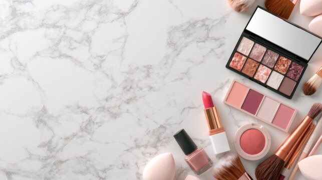 Pink makeup collection with lipstick palettes brushes and copy space on white marble