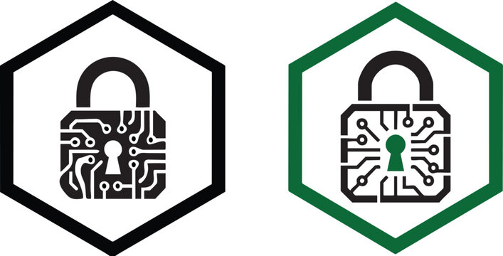 W hexagon lock, circuit lock, cyber security, blockchain security, hexagon shield, encrypted padlock, network security, smart contract, crypto security, tech lock, pcb lock, data encryption, green leb