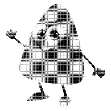 Cute triangular cartoon character waving. Monochrome mascot illustration with halftone dot texture. Happy cone-shaped creature isolated on white.