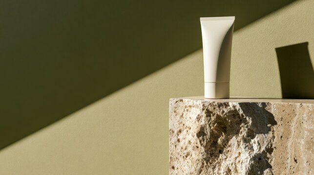 White skincare cream tube on rough stone pedestal with olive green wall and dramatic sunlight