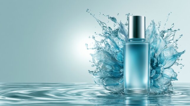Blue skincare serum bottle with dramatic water flower splash and reflective surface