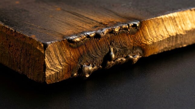 Close up view of oxy acetylene torch cut steel plate with melted dross slag on industrial metal edge