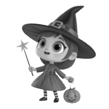 Cute cartoon girl witch holding a magic wand. Monochrome Halloween kid mascot carrying a pumpkin. Whimsical vector illustration with halftone texture.
