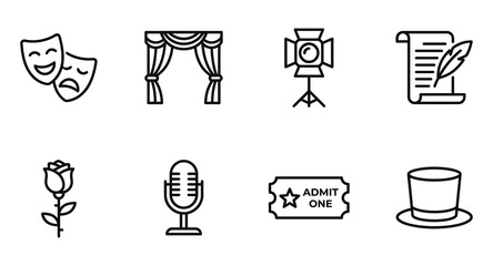 Theater performing arts and drama line icon collection with performing performance spotlight microphone entertainment production collection © Emon