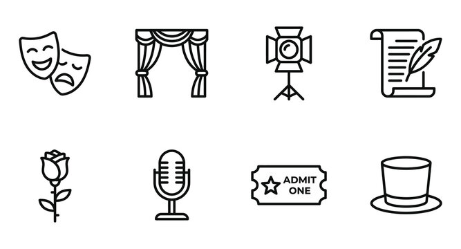 Theater performing arts and drama line icon collection with performing performance spotlight microphone entertainment production collection