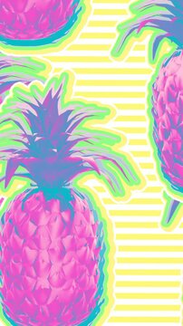 Seamless young vertical video of cartoon style pineapples with pastel colors . Stop motion minimal fluor duotone comic style background pink and blue.