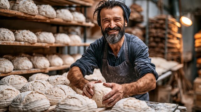 A smiling craftsman works with dough in a bakery filled with loaves.