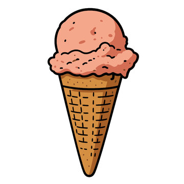 Strawberry pink ice cream scoop in waffle cone illustration on transparent background