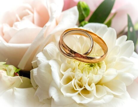 A romantic scene featuring two interlocking gold rings on a white flower