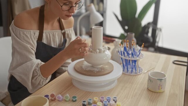 Young blonde woman in apron paints bead trim on a ceramic vase with steady hand in pottery studio; concentration craft.