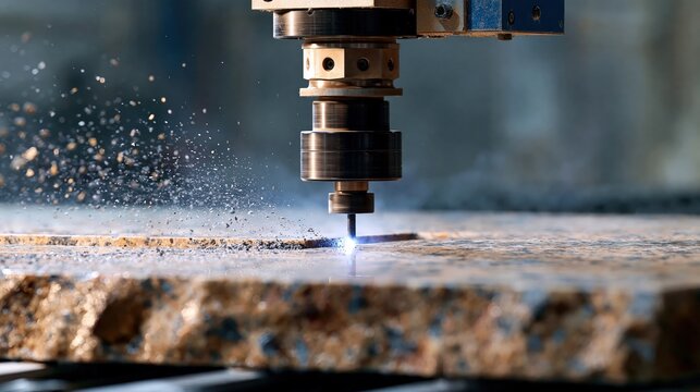 Industrial machine precisely cutting through a stone slab with a fine water jet.