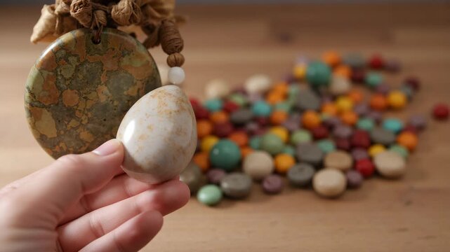 A hand holds an ornate egg with beads surrounding it.