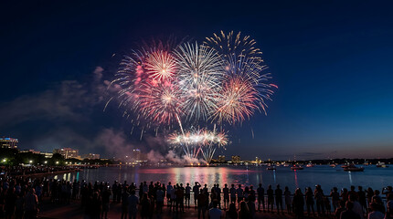 Fototapeta premium Spectacular firework celebration with a massive crowd watching the vibrant reflection on the water during a festive night event