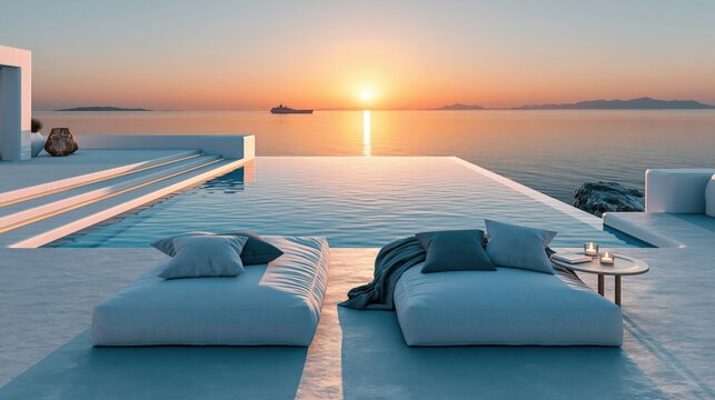 Infinity pool overlooks the ocean at sunset with lounge chairs ready for relaxation.