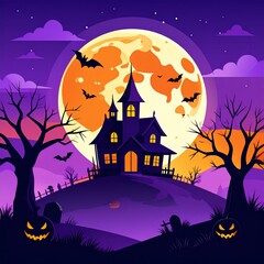 Fototapeta premium Haunted Castle Under Full Moon with Bats and Pumpkins Halloween Vector Illustration