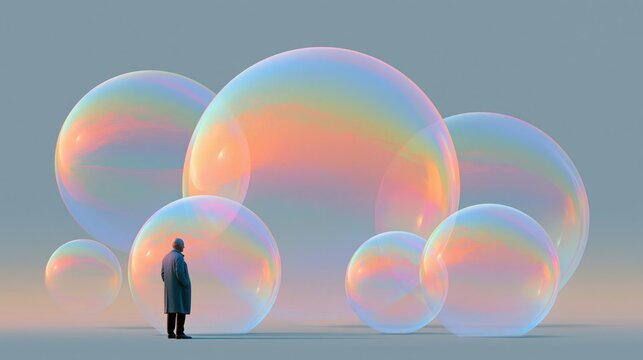 Person contemplates a cluster of iridescent spheres.