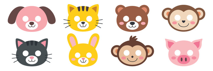 Animal Face Mask featuring cute dog, cat, bear, monkey, rabbit and pig cartoon designs for children party costumes and editable vector illustration