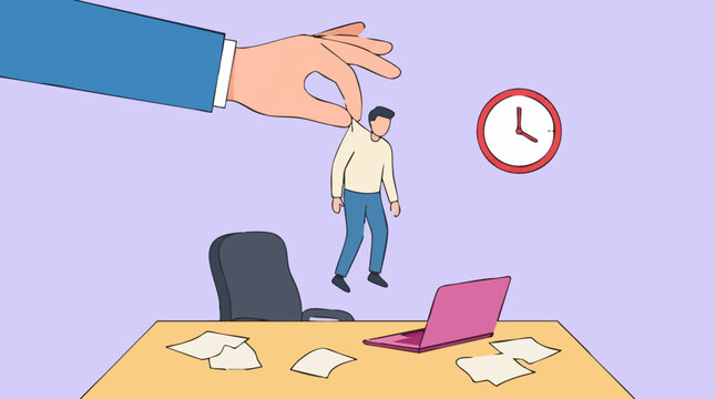 Large hand lifting employee by shirt from office desk, depicting micromanagement