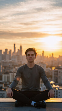 Young man meditating on a rooftop at sunset. Stress relief and peaceful mind concept with urban skyline backdrop. Mental health awareness.