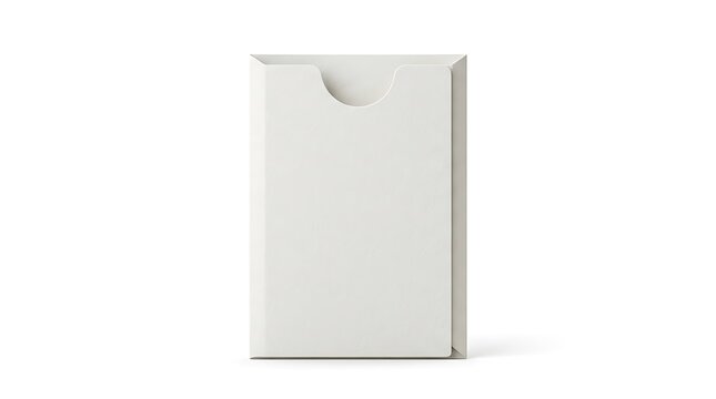 A plain white vertical document folder or sleeve mockup, isolated on a white background, featuring a curved thumb notch for easy access