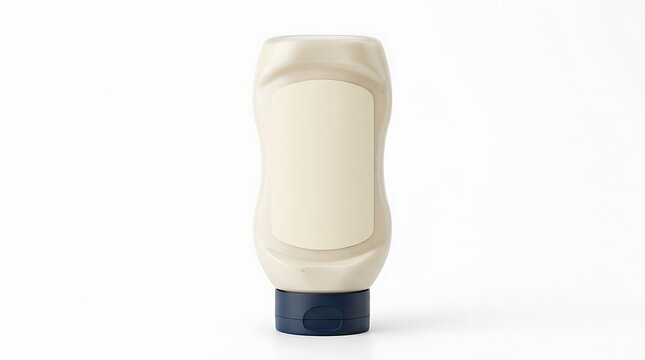 A plastic squeeze bottle for mayonnaise or sauce with a dark blue cap, standing upright on a clean white background, for product branding
