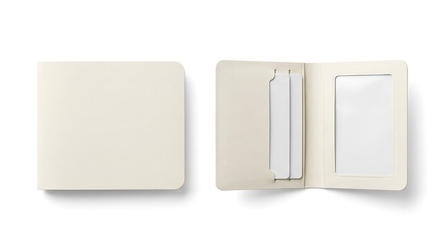 A set of two beige leather card holders, one closed and one open, showing slots for credit cards and an id window on a white background view
