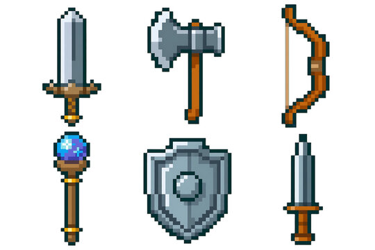 Pixel art medieval weapons and armor icons, retro 8-bit game UI set, sword axe bow shield and dagger sprites
