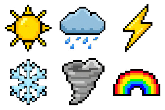 Pixel art weather icons set, retro 8-bit forecast symbols. Sun rain cloud lightning snow tornado rainbow graphics