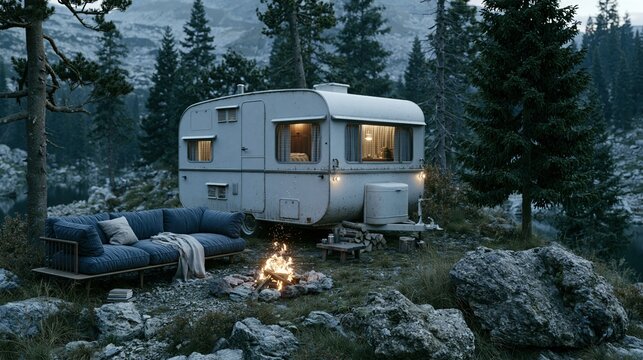 A cozy campfire glows beside a vintage trailer and sofa in a remote forest setting.