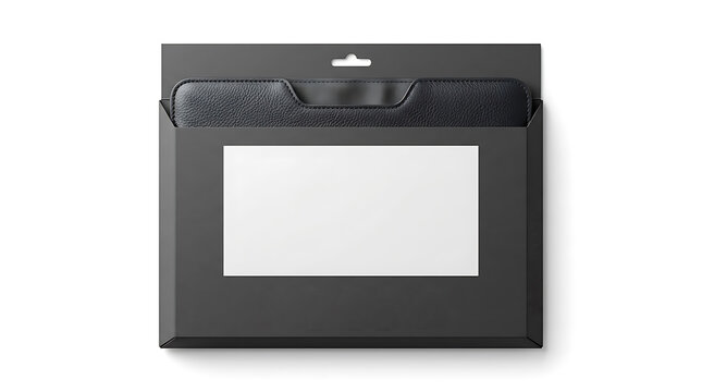 Black laptop sleeve inside a black cardboard retail packaging box with a white label area, isolated on a white background, front view