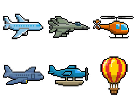 Retro pixel art aircraft icons, airplane jet and helicopter sprites, colorful 8-bit transport symbols for games and UI