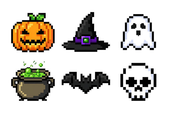 Pixel art Halloween icons set, retro 8-bit spooky symbols in orange green purple black, game UI graphic pack