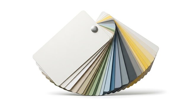 Fan shaped color swatch book with various pastel and muted paint samples, held by a metal screw, isolated on a white background, for selection
