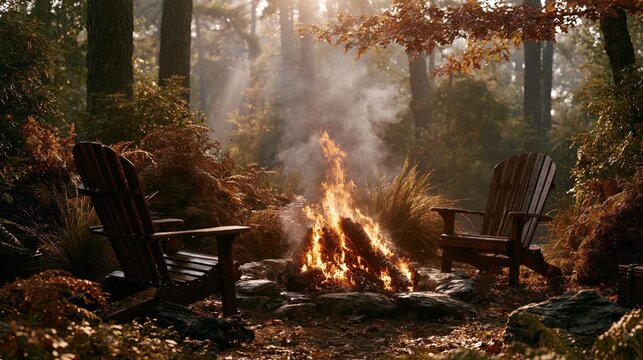 Two wooden chairs flank a warm campfire in a serene forest clearing.