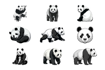 Naklejka premium Set of Nine Cute Cartoon Giant Panda Bears in Different Poses on a Clean White Background