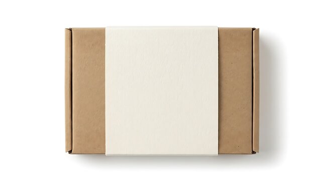 Rectangular brown cardboard shipping box with a wide white paper label band, isolated on a white background, for delivery packaging mockup