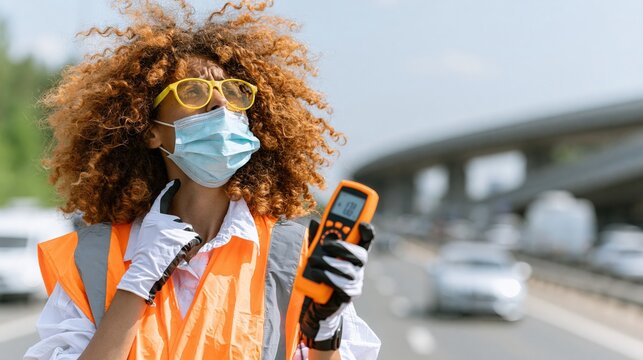 Woman wearing safety vest and mask holds a measuring device on a road.