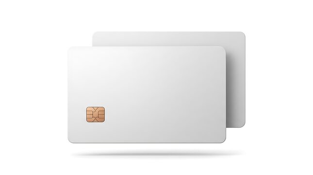 Two blank white credit or debit cards with gold emv chips stacked slightly offset, isolated on a white background, for financial card mockups