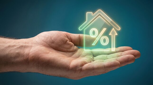 Real estate tax planning and financial compliance in property market concept with hand holding glowing house and percentage symbol