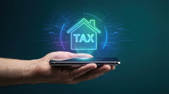 Tax property compliance real estate market financial planning concept with hand holding smartphone and glowing house icon