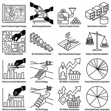 Quantitative Easing Central Bank Balance Sheet Monetary Flat Vector Icon Set