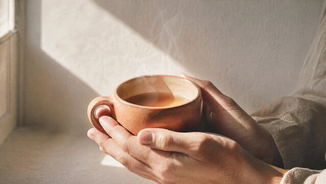 Hands holding a steaming terracotta mug of hot tea in morning sunlight. Person in a cozy beige sweater warming hands by the window. Silence and rest for the nervous system concept