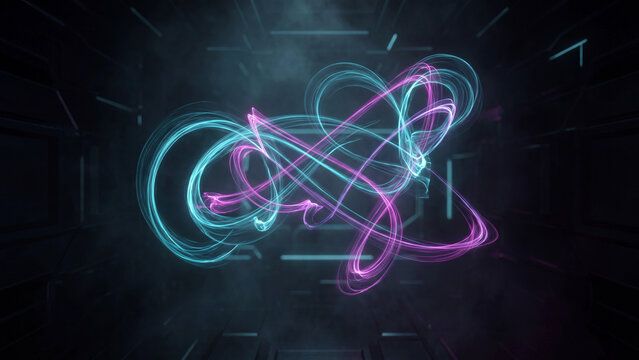 Neon light trails form an infinite loop against a dark architectural tunnel background.