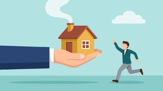 Man chasing dream home, hand offering house, real estate concept